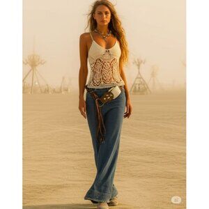 ABS Vintage Low Waist Full Length Back Slit A-Line Blue Denim Maxi Skirt Size M